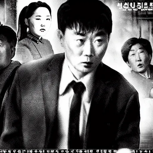 Image similar to low resolution filmstill of a north Korean thriller in the style of Tsui Hark and Ishirō Honda