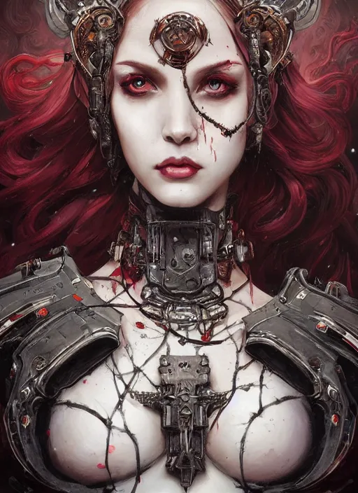 Image similar to portrait of beautiful cute pale gothic maiden covered in blood, warhammer 40000, cyberpunk, intricate, elegant, highly detailed, digital painting, artstation, concept art, smooth, sharp focus, illustration, art by artgerm and greg rutkowski and alphonse mucha and Gustav Klimt