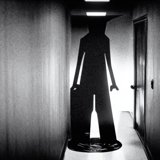 Image similar to a flash photo of creepy tall! wendigo with an unnatural posture standing in a vantablack hallway from the horror movie rec, shaky camera, it is deformed and is staring at the camera from the end of a dark liminal hallway. caught on vhs, film grain, national geographic award winning photography,