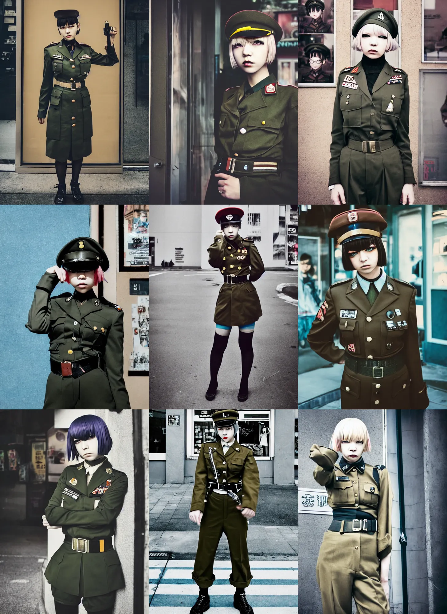 Prompt: lomography, full body portrait photo of reol posing in front of a store wearing a retro military uniform in shibuya exterior view, moody, realistic, dark, skin tinted a warm tone, light blue filter, hdr, rounded eyes, detailed facial features, very dark
