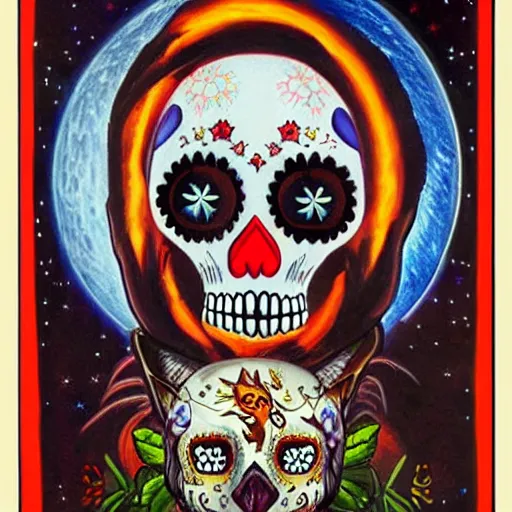 Image similar to a character portrait of a being with a fox sugar skull face, themed on the stars and moon, painting by jeff easley