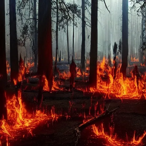 Prompt: a battle between the demon warriors and mages of hell and the angels of heaven in a magical forest. Parts of the forest is burned with charred trees. Lots of holy and damned magic is used