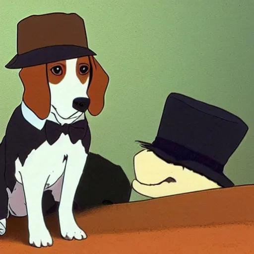 Prompt: a beagle wearing a business suit and fedora, studio ghibli