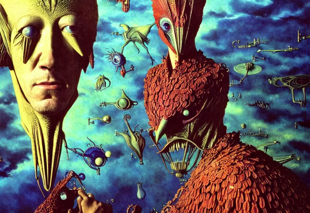 Prompt: realistic detailed portrait movie still of a birdman wearing dark robes, surreal sci fi landscape background by denis villeneuve, amano, yves tanguy, alphonse mucha, ernst haeckel, max ernst, roger dean, masterpiece, rich moody colours, blue eyes, snarling dog teeth