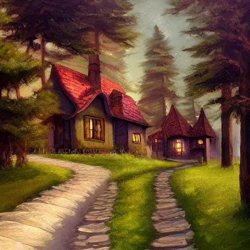 Image similar to house fairytale, path in curve shape leading to the house, oil painting, hd, 8 k, trending artstation,