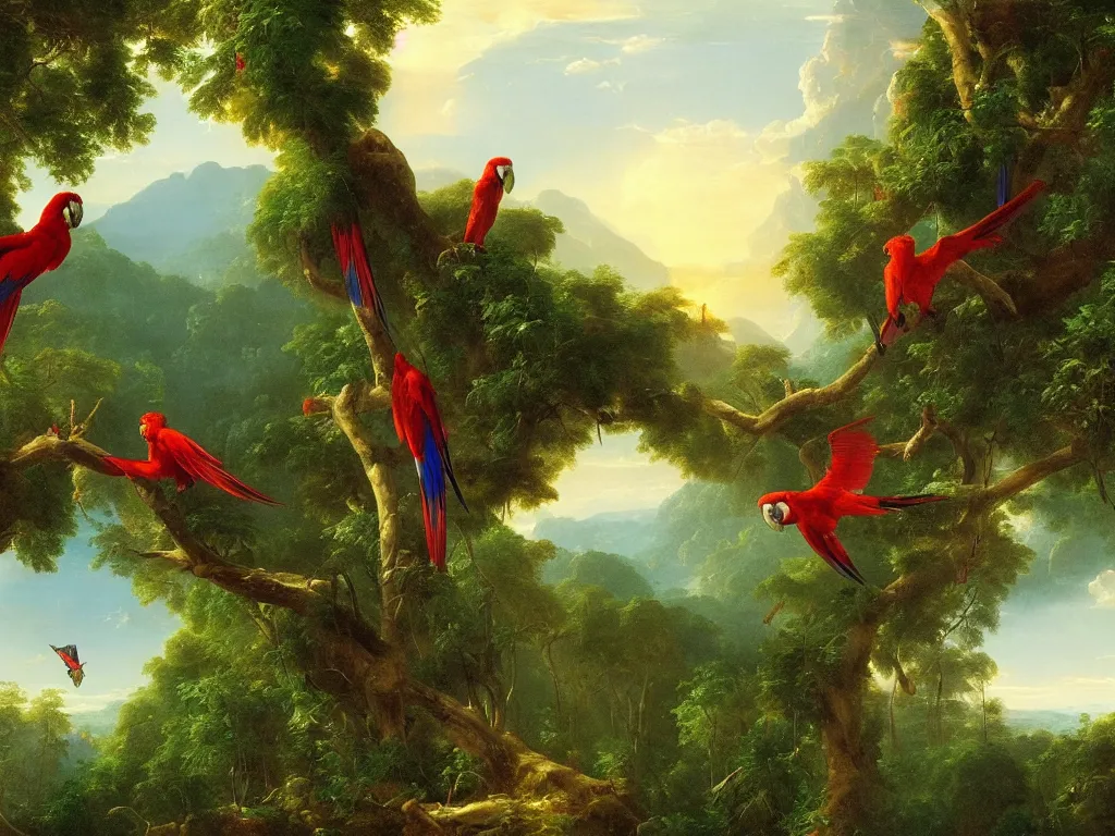 Image similar to gorgeous macaws flying at dawn in the distance through the forest, jungle mountains in the background, highly detailed, heavenly lighting, trending on art station, very detailed birds, painting by thomas cole