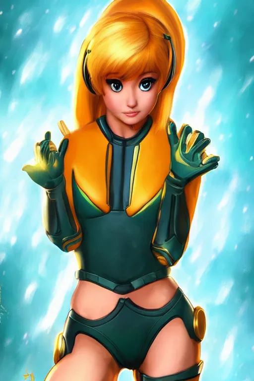 Image similar to Ariana Grande cosplaying as Samus Aran, golden hour, by greg Rutkowksi, by artgerm