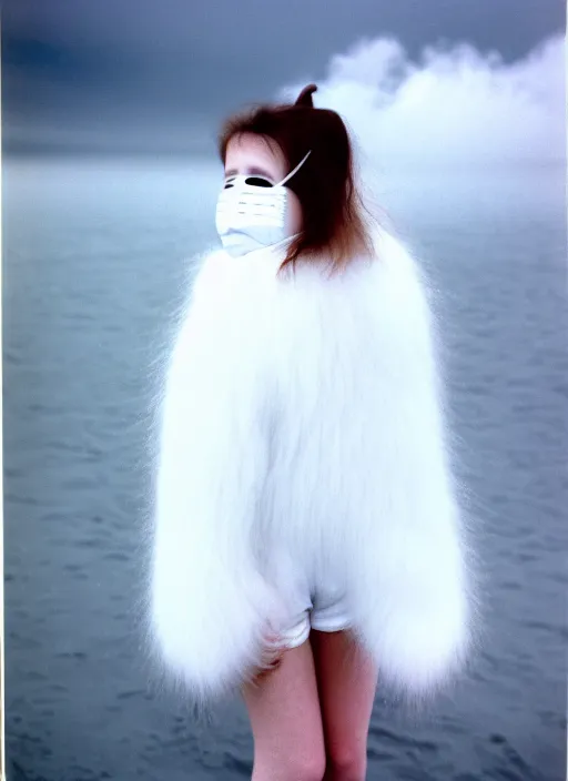 Image similar to realistic photo portrait of the common girl wearing white shorts, dressed in white long fur coat, face is covered with a blank mask, there is a cloud in the middle 1 9 9 0, life magazine reportage photo