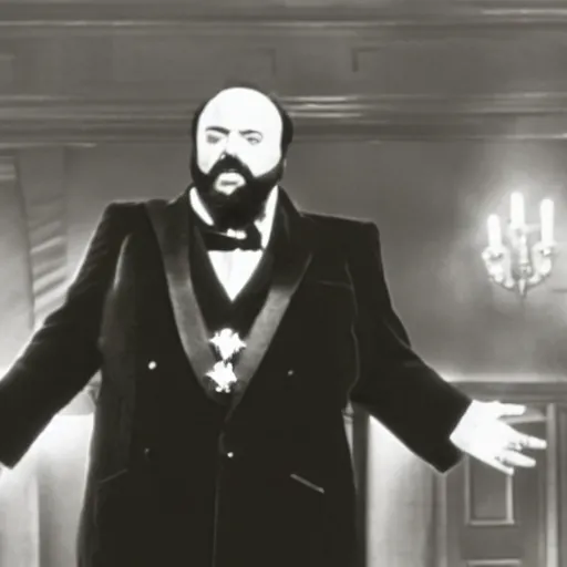Prompt: film still of luciano pavarotti as kane giving a speech in citizen kane 1 9 4 1