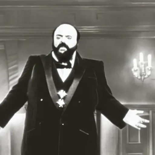 Image similar to film still of luciano pavarotti as kane giving a speech in citizen kane 1 9 4 1