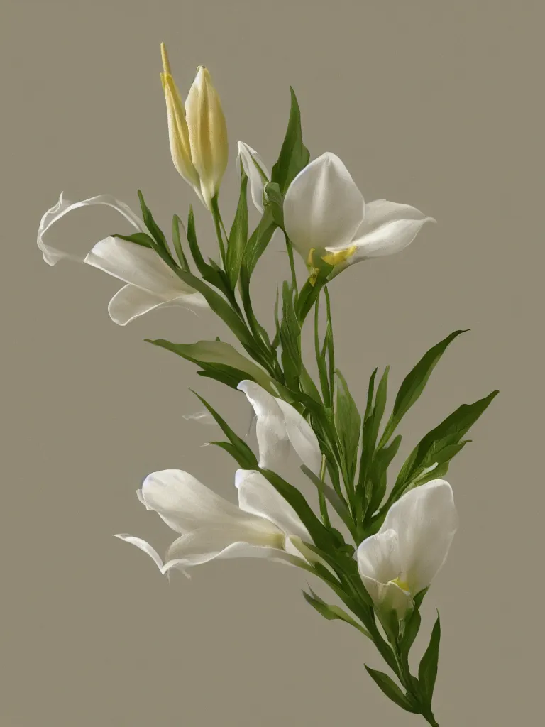 Prompt: single stem flower, st joseph lily, intricate detail, painted look, golden ratio, ethereal, infini - d - render,