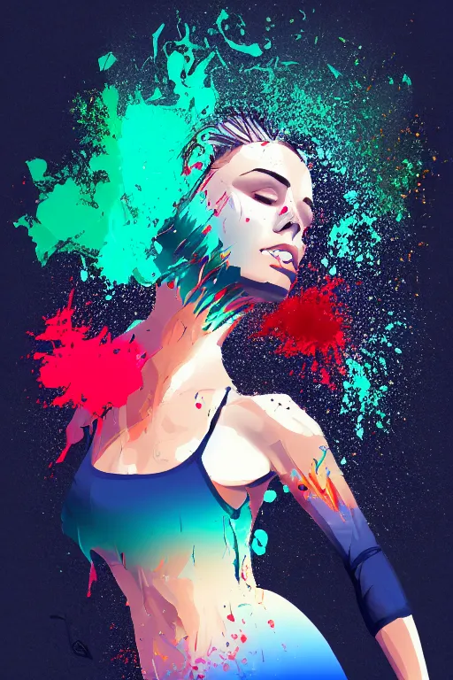 Prompt: a award winning half body portrait of a beautiful woman in a croptop and cargo pants with ombre navy blue teal hairstyle with head in motion and hair flying, paint splashes, splatter, outrun, vaporware, shaded flat illustration, digital art, trending on artstation, highly detailed, fine detail, intricate