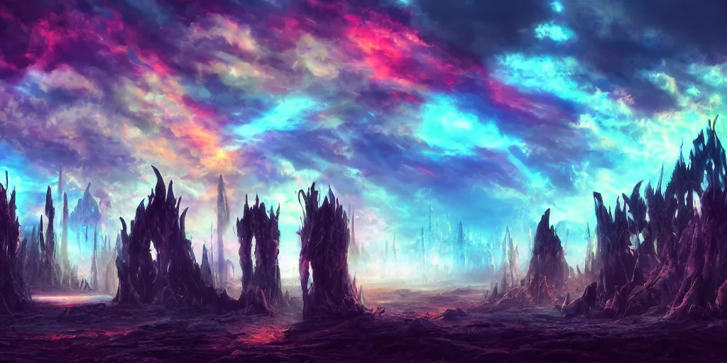 Prompt: [ palate ] [ vibrant gothic colors ] lost alien souls congregating at the giant gateway to heaven, god figure waiting at the gate, vibrant neon nebulous clouds, radiant light rays, photorealistic illustration, intricate and fine details, volumetric lighting, artstation