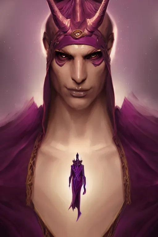 Image similar to djinn man male demon, warlock, portrait, concept art, purple cloak, single face, illustration, costume design, white spiral horns, editorial photo, fashion, hyperrealism, realism, trending on artstation, Charlie Bowater, WLOP