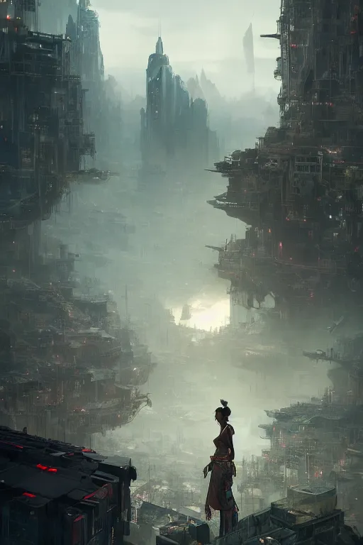 Image similar to a portrait of a small tribal women with sci-fi armour standing in the foreground of a mechanical city by Greg Rutkowski, Sung Choi, Mitchell Mohrhauser, Maciej Kuciara, Johnson Ting, Maxim Verehin, Peter Konig, final fantasy , mythical, 8k photorealistic, cinematic lighting, HD, high details, atmospheric,