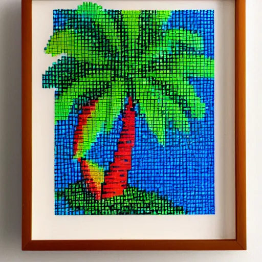 Image similar to a framed painting of a beautiful pixel art tropical landscape