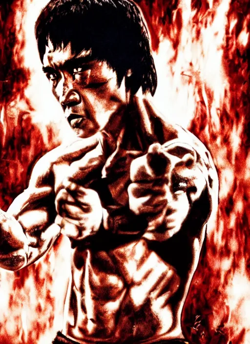 Prompt: Film poster Bruce lee fights VS terminator, faces look at each other, detailed and realistic, 4k, filmic render