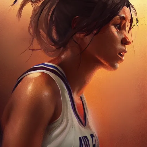 Image similar to painting of an woman basketball player, greg rutkowski, cg worker artstation