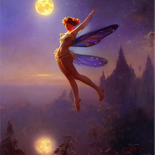 Image similar to attractive fairy magically floating high in the night, fantasy, full moon in background. highly detailed painting by gaston bussiere, craig mullins, j. c. leyendecker, sharp focus, 8 k