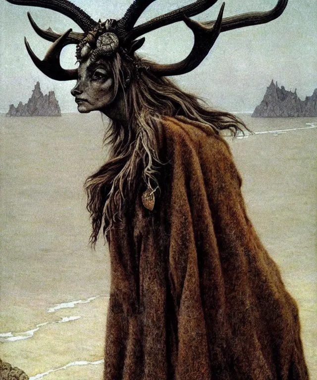 Image similar to A detailed horned antelopewoman stands by the sea. Wearing a ripped mantle, robe, many rings. Hooves, extremely high details, realistic, fantasy art, solo, masterpiece, art by Zdzisław Beksiński, Arthur Rackham, Dariusz Zawadzki