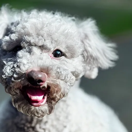 Prompt: a cute old grey hairless toy poodle with Lenticular Sclerosis eats a chicken nugget