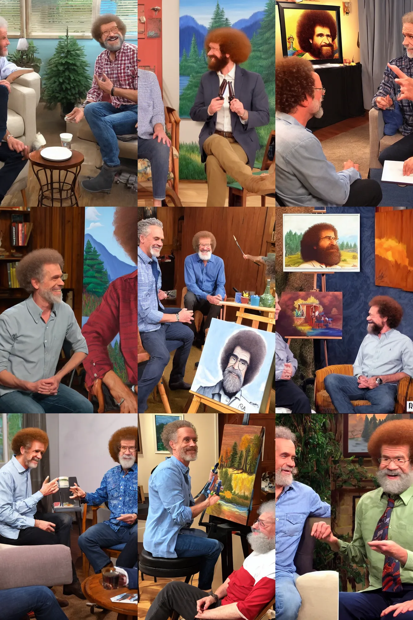 Prompt: Jordan Peterson meeting Bob Ross and painting happy trees during a relaxing interview by Greg Hildebrandt