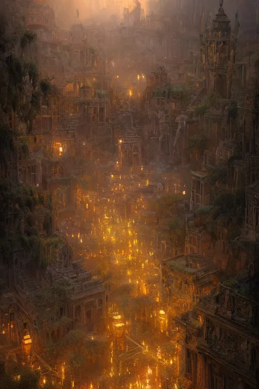 Image similar to old aztec city of gold in the middle of the forest, intricate, elegant, volumetric lighting, digital painting, highly detailed, artstation, sharp focus, illustration, concept art, ruan jia, steve mccurry