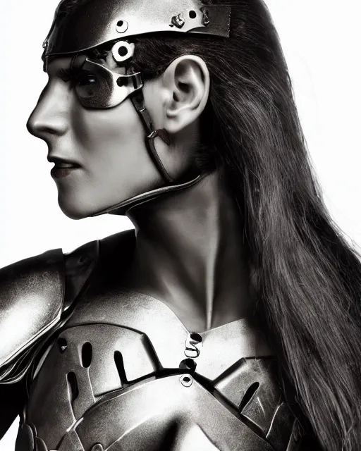 Image similar to realistic photo portrait of a metal hero woman with human head, studio lighting, 1 5 0 mm