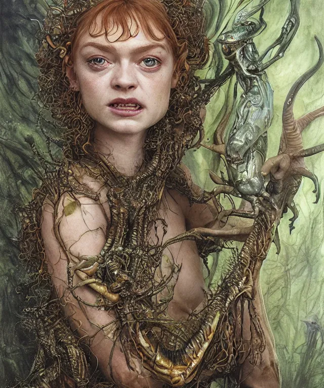 Prompt: a portrait photograph of a fierce sadie sink as an alien harpy queen with slimy amphibian skin. she is trying on evil bulbous slimy organic membrane fetish fashion and transforming into a succubus insectoid amphibian. by donato giancola, walton ford, ernst haeckel, brian froud, hr giger. 8 k, cgsociety