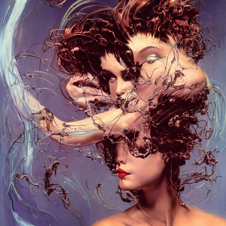 Prompt: portrait of a woman with ( ( ( ( swirling ) ) ) ) swirling hair and fractal skin by frank frazetta, retrofuturism, psychedelic art reimagined by industrial light and magic