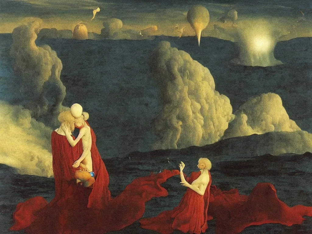 Prompt: albino mystic, with his back turned, with beautiful exotic Urchin looking at a island being engulfed, flooded by a tsunami giant wave. Painting by Jan van Eyck, Audubon, Rene Magritte, Agnes Pelton, Max Ernst, Walton Ford