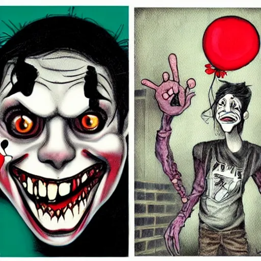 Image similar to grunge cartoon painting of pete davidson with a wide smile and a red balloon by chris leib, loony toons style, pennywise style, corpse bride style, horror theme, detailed, elegant, intricate