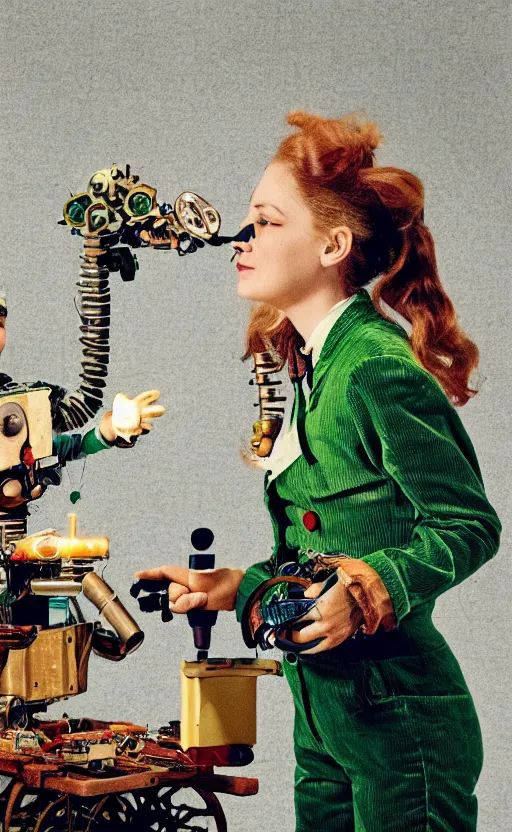 Image similar to young, blonde mad scientist woman wearing a green vest and brown corduroy pants, tinkering with a clockwork robot, steampunk