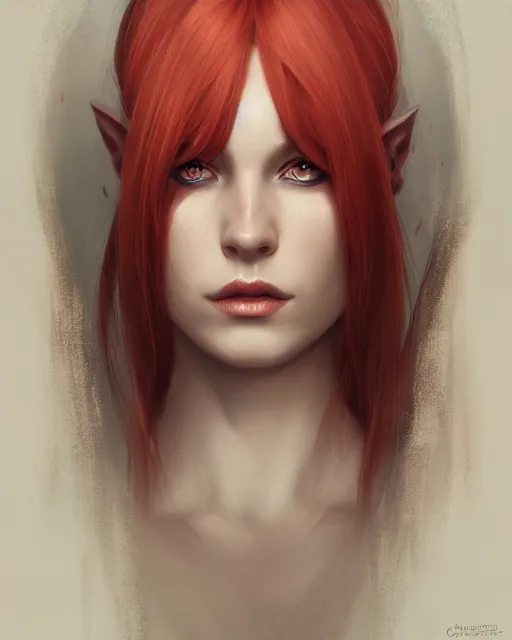 Prompt: a detailed matte oil on canvas head on symmetrical portrait of a distinguished elven woman with red hair on an empty background, by charlie bowater, wlop, trending on artstationhd, dungeons and dragons art, critical role