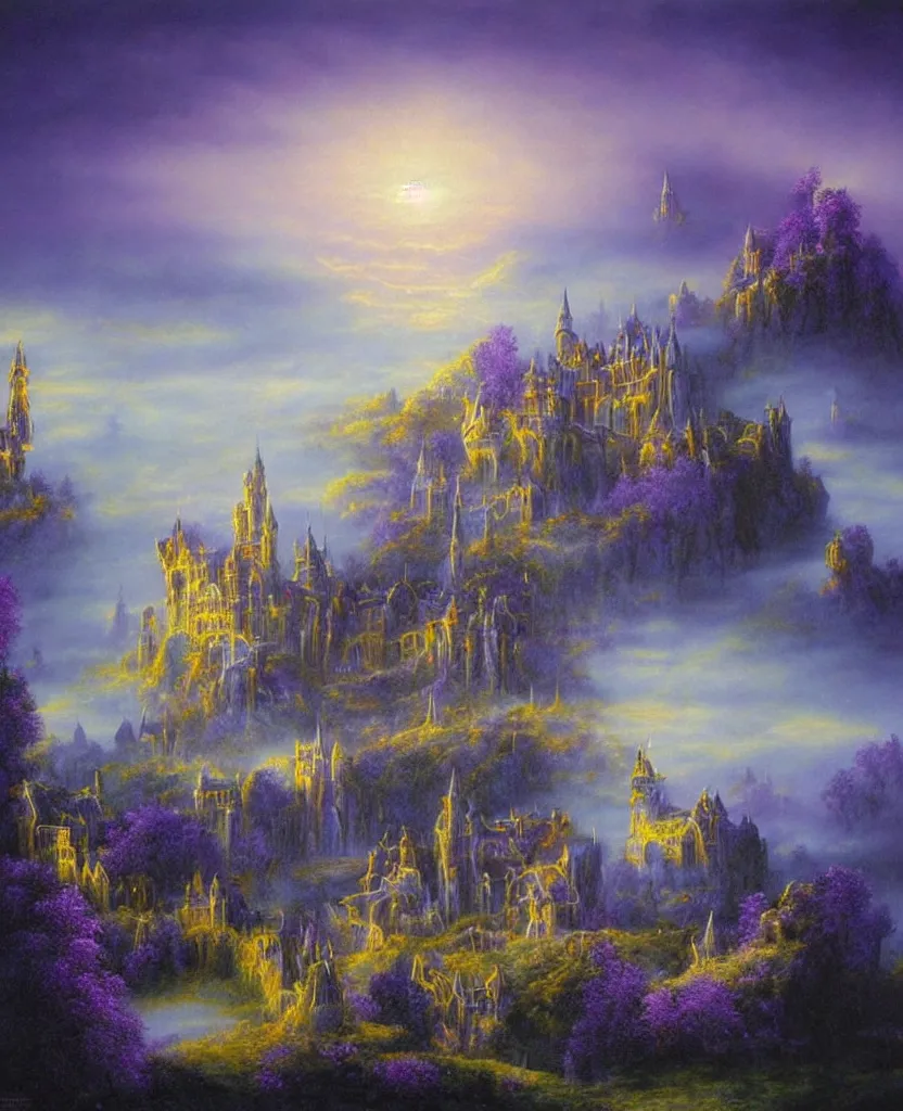 Image similar to beautiful matte airbrush painting of a of a fantasy landscape with a european medieval castle made of light in the distance enveloped in trails of colorful animal ghosts floating around it, clear painting and good lighting, dark blue and intense purple color palette, mystical fog, art by gilbert williams, yoshitaka amano, high quality