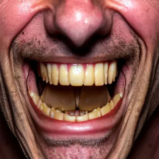 Image similar to scary photograph of a man with yellow decaying teeth, close up photograph taken on an iphone 4, flash lighting in a dark room, 4 k