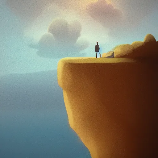 Image similar to Image from afar, man looking from the top of a large rock cliff, the sea hits the large stones hard, the clouds let through subtle rays of light, ilustration art by Goro Fujita, concept art, smooth, sharp focus, ArtStation