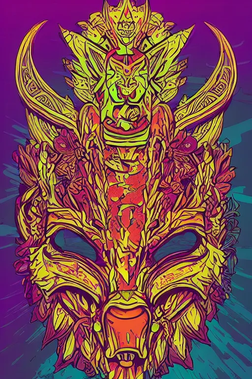 Image similar to animal mask totem roots flower tribal feather gemstone plant wood rock shaman vodoo video game vector cutout illustration vivid multicolor borderlands comics by josan gonzales and dan mumford radiating a glowing aura