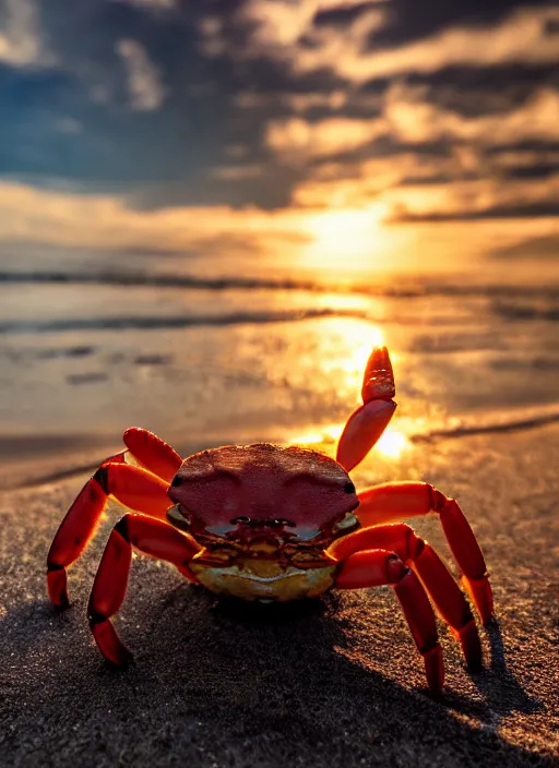 Prompt: a happy crab drinking a beer in a beach, golden hour, bokeh, 4k