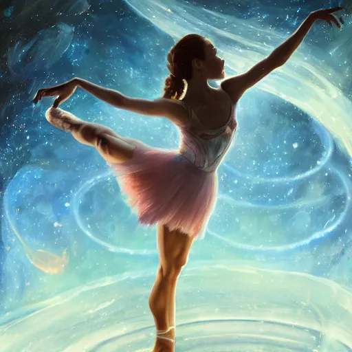 Prompt: a ballerina dancing in space, warm lighting with cool shadows, digital painting, detailed, trending on artstation, nebulas in background, expressive digital painting, in the style of dominik mayer marco bucci, gaston bussiere, and norman rockwell, beautiful nebulas in the background, 8 k, hard lines, particles, ray tracing, realism