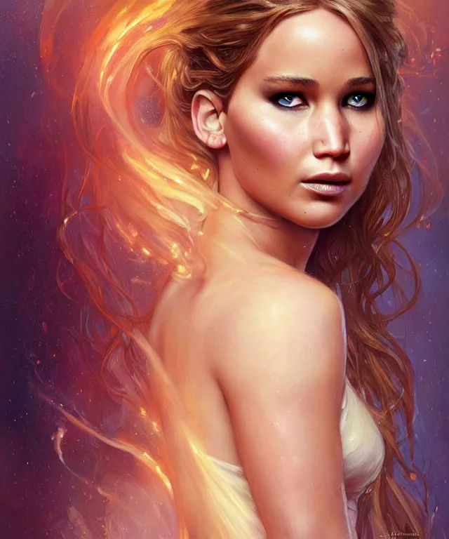 Prompt: half nicole kifman half Jennifer lawrence, a fantasy beautiful woman portrait, amber loving eyes, face, long hair, fantasy, intricate, elegant, highly detailed, digital painting, concept art, smooth, sharp focus, soft pale lights, illustration, greg rutkowski and alphonse mucha