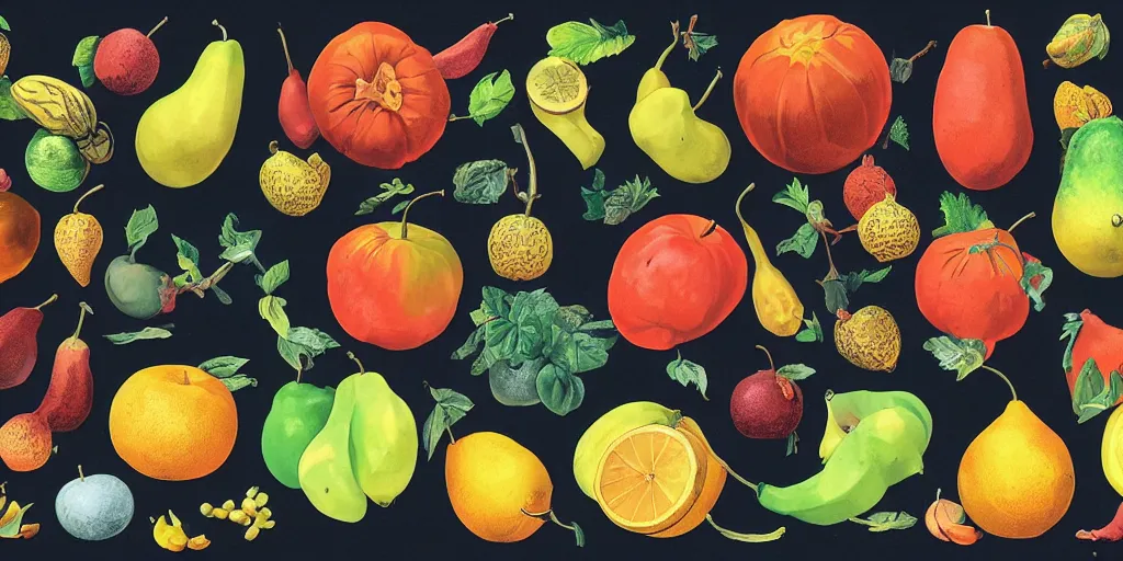 Image similar to full color page scan of various vintage imaginal fruit illustrations on black background, in matte painting, 2 d, kitbash, 4 k