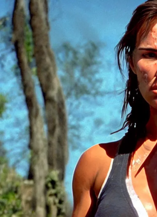 Prompt: an film still of lara croft face getting sweat because of the sun heat, she looks thirsty