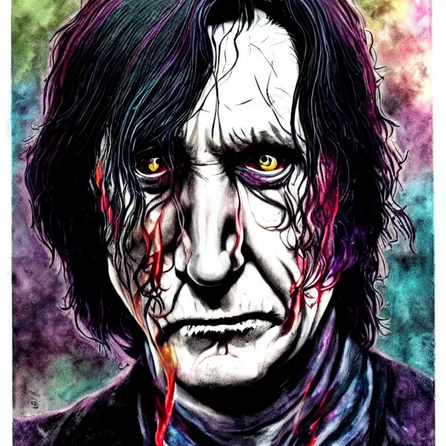 Prompt: fine detail, black ink & copic markers, vibrant muted colors, disturbing grunge still of a [ lovecraftian demon infested ] [ severus snape ], [ his face is melting ], by arthur adams, by tom bagshaw, by henry asencio, by kikuchi hideyuki