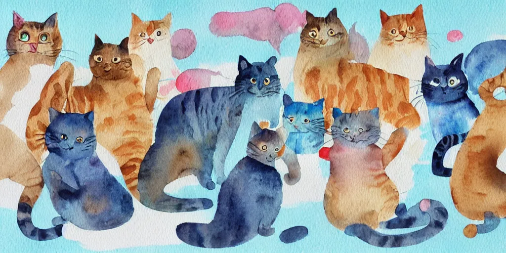 Image similar to group of funny cats select a different type of project before start design production, watercolor illustration