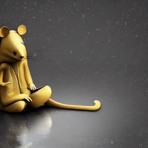 Prompt: a sad anthropomorphic rat, octane render, 3 d, sad, lonely, moody lighting, wearing gold jewellery, wearing a fur coat, in the rain, at night, sitting on a park bench