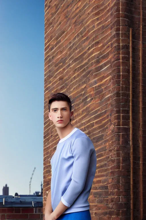 Image similar to un ultra high definition studio quality photographic art portrait of a young man standing on the rooftop of a british apartment building wearing soft padded silver pearlescent clothing. three point light. extremely detailed. golden ratio, ray tracing, volumetric light, shallow depth of field. set dressed.