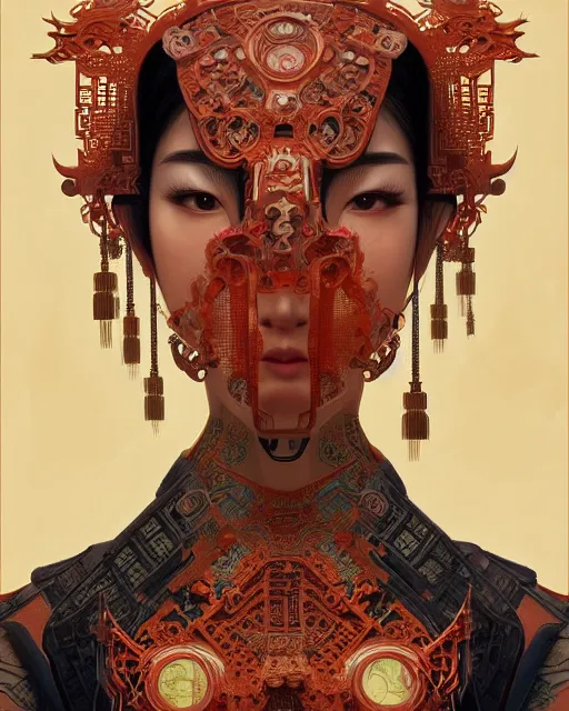 Prompt: portrait of a machine, machine face, upper half portrait, decorated with chinese opera motifs, asian, bian lian, traditional chinese art, intricate, elegant, highly detailed, symmetry, digital painting, artstation, concept art, smooth, sharp focus, illustration, art by artgerm and greg rutkowski and alphonse mucha, 8 k