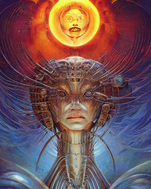 Image similar to sun machine, by antonio j. manzanedo, giger, alex grey, android jones, wayne barlowe, philippe druillet, raymond swanland, cyril rolando, josephine wall, harumi hironaka, trending on artstation