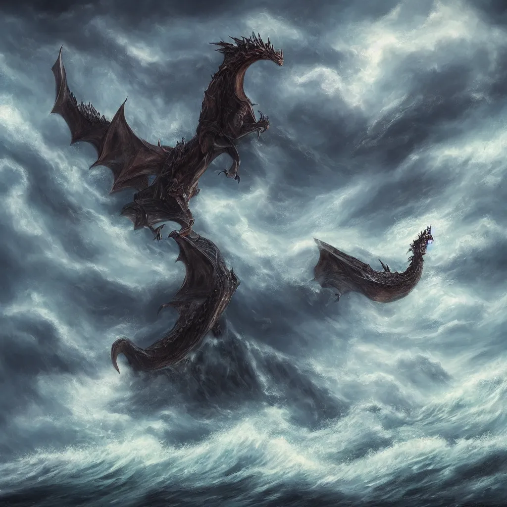 Image similar to a fantasy book style portrait of a giant dragon, stormy sea, giant waves, lightning, small boat, oil painting, 4 k